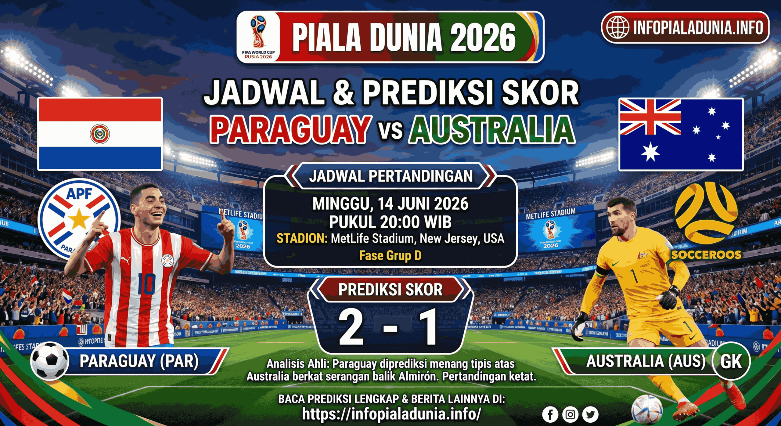 Jadwal Paraguay vs Australia Piala Dunia 2026 dan Prediksi Skor